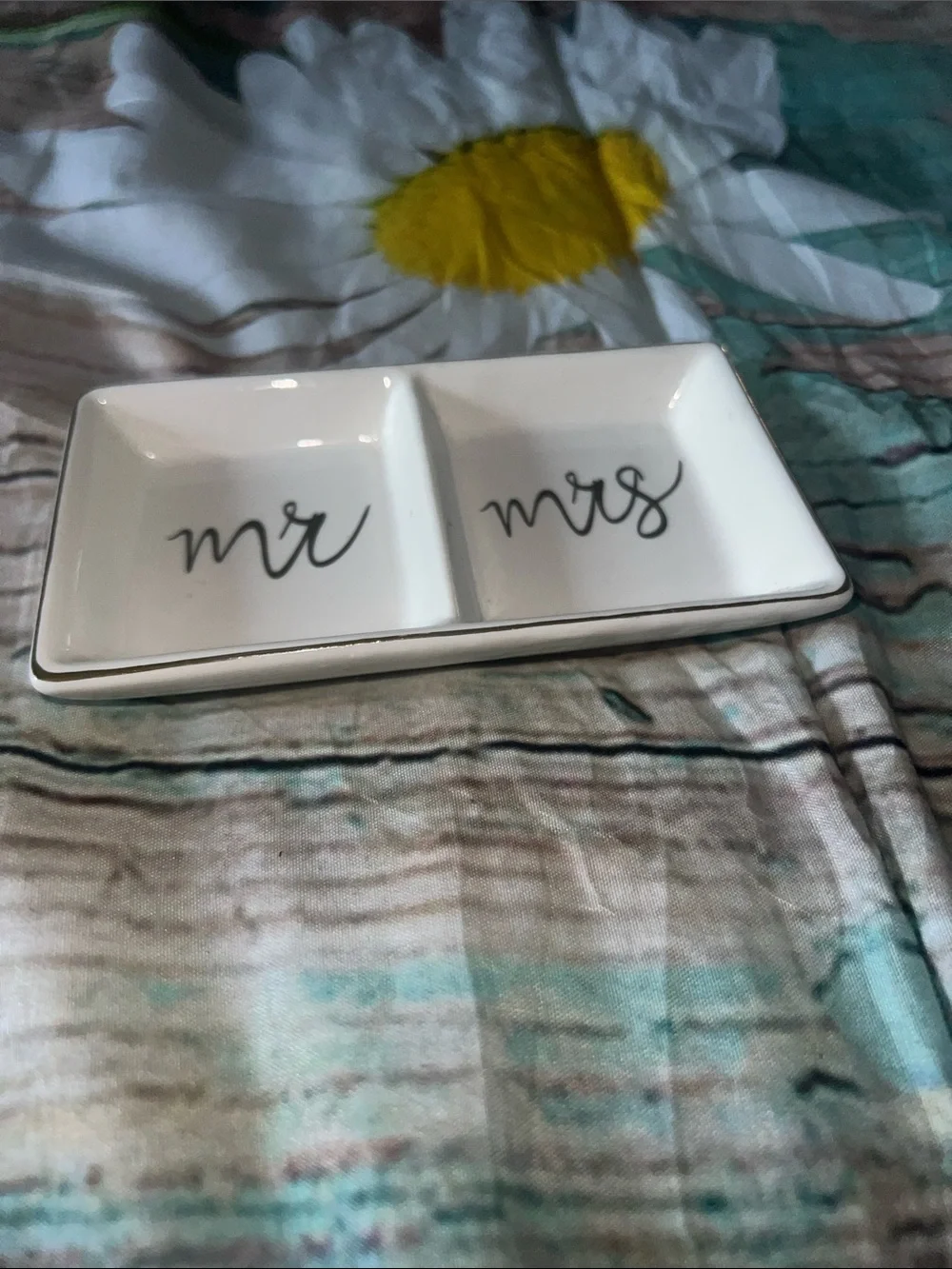 Mr & Mrs Ceramic Divided Trinket Dish - White with Gold Script